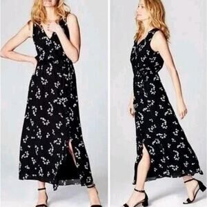 J Jill Maxi Faux Wrap Dress M Black White Sleeveless Ruffle Trim Boho Romantic